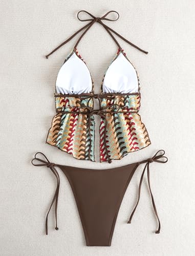 Image of ZAFUL Halter Swimsuits for Women Textured Backless 2 Piece Bathing Suits Cheeky High Cut String Tie Side Bikini Sets