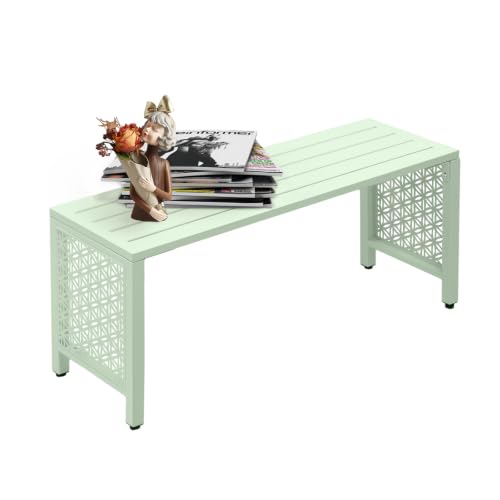 Image of VINGLI 40in Outdoor Metal Bench, All-Weathe Backless Patio Bench with Slatted Seat&Floral Side Panels, Rust-Resistant Garden Bench, Weatherproof Outdoor Seating for Porch Entryway Backyard (Green)