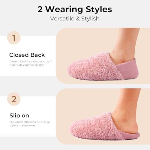 HomeTop Women's Set of 2 Pairs - Curly Teddy Fur Slippers (Size 8.5, Pink) - Plush Collapsible Microsuede Heel Slippers (Size 7-8, Pink)3
