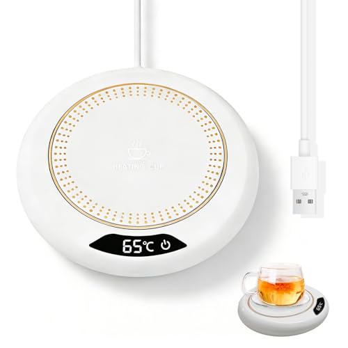 DUSEKI Smart Coffee Mug Warmer with Adjustable Temperature Levels for Desk (55°C, 65°C, 75°C) - Electric Beverage Heater with LED Display for Home & Office (White)