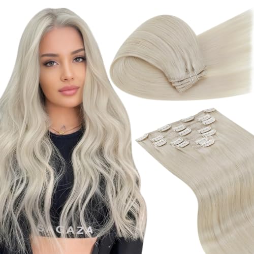 LaaVoo Clip in Hair Extensions Real Human Hair Blonde Hair Extensions Clip ins Platinum Blonde Clip in Hair Extensions #60 Double Weft Full Head Silky Straight 18 Inch 7pcs/120g