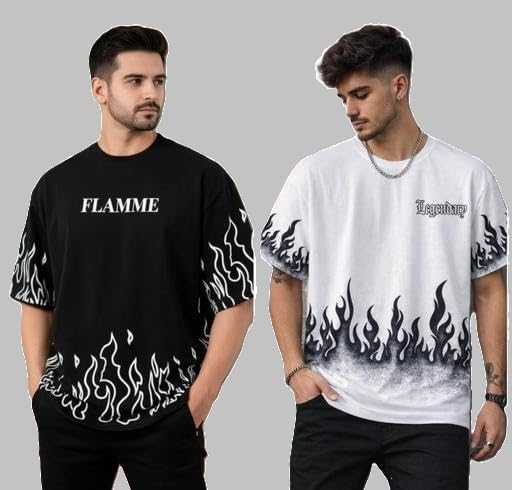 Image of Trending Fashionable Men Tshirt Combo Pack of 2 Cotton Blend Printed Short Sleeve Casual Daily Use Stylish Tee Set