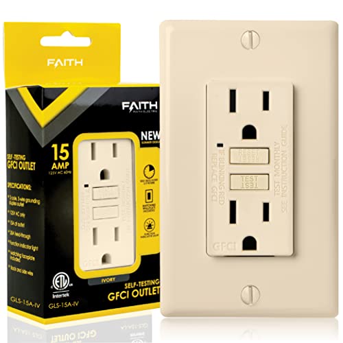 Faith 15A GFCI Outlet, ETL Listed, Non-Tamper-Resistant GFI Duplex Receptacles with LED Indicator, Self-Test Ground Fault Circuit Interrupter with Wall Plate, Ivory by Faith - Used condition - US$13.18