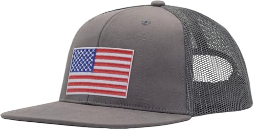 Image of Men Flat Bill USA Flag Mesh Hat Fits OSFM&XXL Head | Snapback Trucker Cap | 250th US Anniversary Veterans Memorial Day Gifts