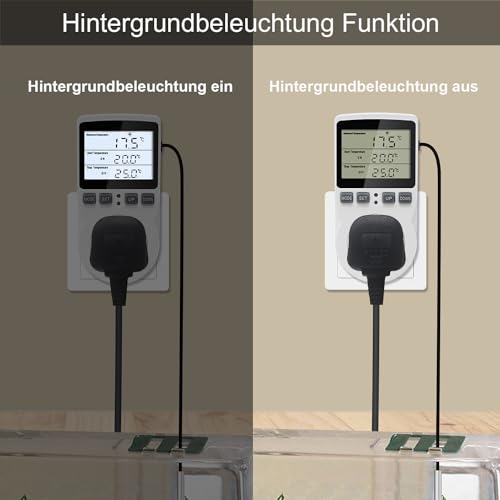 KETOTEK Digital Temperaturregler Thermostat Steckdose 230V mit 3m Fühler, Steckdosen Thermostat Heizung Kühlung Temperaturgesteuert für Gewächshaus Inkubator Kühlschrank, Hintergrundbeleuchtung
