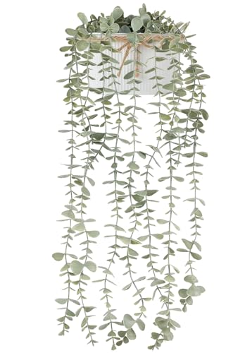 Mkono Fake Hanging Plants in Farmhouse Galvanized Pot for Shelf Decor White