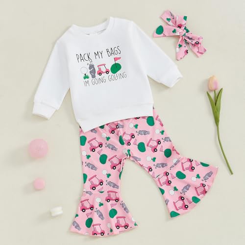 Toddler Baby Girl Golf Outfits I'm Going Golfing Letter Sweatshirt/Romper Flare Pants Headband 3Pcs Golf Baby Set2