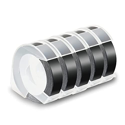 BEEOFICEPENG 5 Stück Etikettenband für Prägeband, 12 mm, 3D-Prägeetiketten, auf schwarz, für DM1595 Organizer Xpress