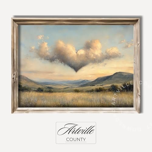 Heart Shape Cloud Wall Art Spring Landscape Painting Valentines Day Wall Decor Antique Nature Print Romantic Art