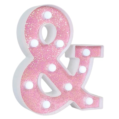 Image of Pink Glitter Marquee Light Up Letters, Battery Operated LED Letter Lights Signs for Pink Birthday Party Table Decorations, Wall Decor for Girls Bedroom, Ampersand Symbol & w /Cool White Lights