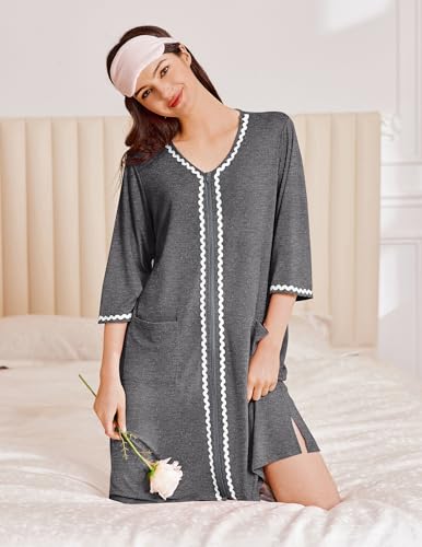 Image of Ekouaer Zipper Robes for Women 3 /4 Sleeves Lightweight House Coat Zip Up Bathrobe Soft Nightgown with Pockets S-3XL