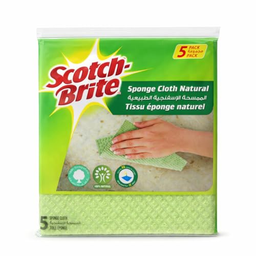 Scotch-Brite Multi-Purpose Sponge Cloth - Natural Green color 5 units/pack | Quickly soaks up any liquid | Wipes like a cloth absorbs like a sponge | Kitchen cloth | Cleaning cloth | Sponge cloth