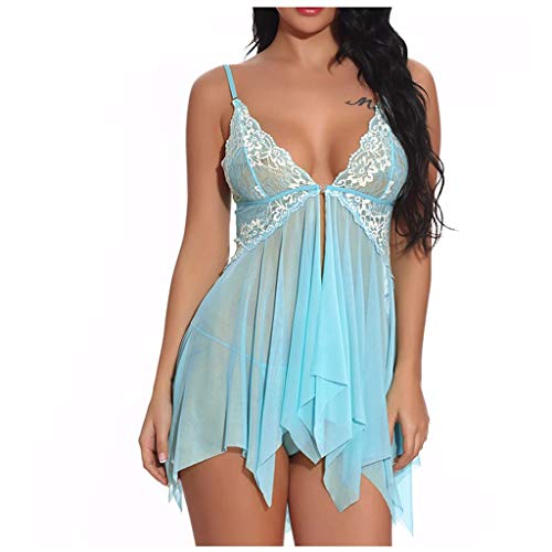 AJIUHE Lingerie for Women Lace Babydoll Dress Bridal Langerie Negligee Ruffle Halter Chemise Lingerie for Women Front Closure Babydoll Lace V Neck Mesh Sleepwear Lingerie Sky Blue