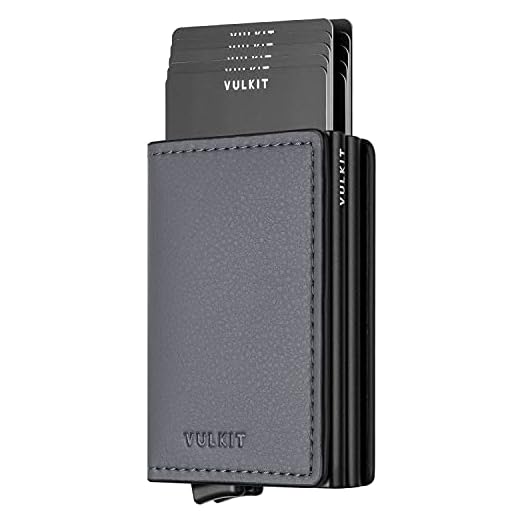 VULKIT Pop Up Wallet Automatic Leather Slim Credit Card Holder RFID Blocking Metal Double Card Case for Men and Women Iron Grey