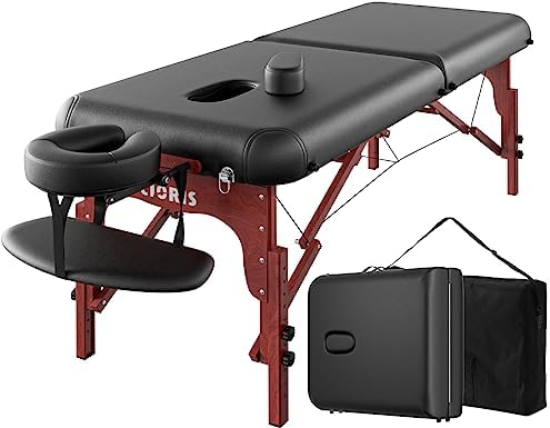 CLORIS 84" Professional Massage Table Portable 2 Folding Lightweight Facial Salon Spa Tattoo Bed Height Adjustable with Carrying Bag & Wooden Leg Hold Up to 1100LBS