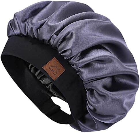 HAT HUT Satin Bonnet Sleep Cap for Women Hair Bonnet for Curly Natural Hair Sleeping, Adjustable Wide Band, Double Layer (BLACK)
