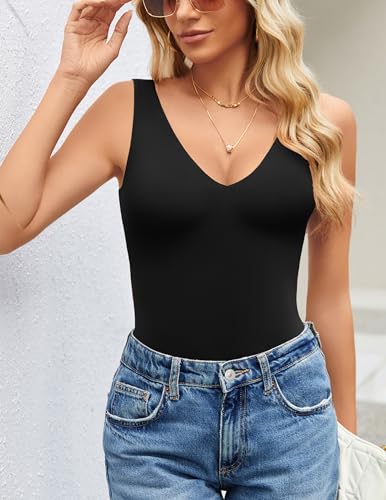 Avidlove Women's Sexy Plunge Body Suit Thong Double Lined Bodysuits Backless V Neck Leotard Tops Soft (Black, L)