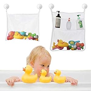 TTSAM Bath Toy Organizer Mesh Storage Organizer Baby Shower Toys Bathtub Net Bag Kids Quick Dry Bathtub Mesh Net Bathtub Toy Holder 2 X Bathroom Storage Bag 6 X Strong Suction Hooks White