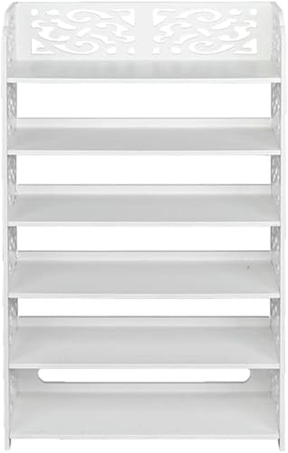 Organizador de zapatos apilable de madera y plástico con seis niveles de almacenamiento tallado, ideal para la entrada del hogar o la solución de