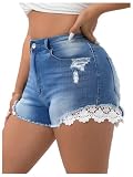 SweatyRocks Women's Plus Size High Waist Eyelet Lace Trim Ripped Raw Fitted Jean Denim Shorts Light Wash XX-Large Plus