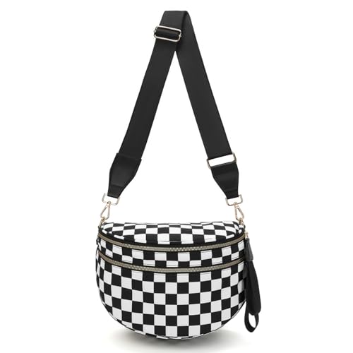 WOOMADA Checkered Crossbody Bags for Women, Nylon Checkered bum bag, Stylish Belt Bag Purse with Adjustable Shoulder Strap(Black Checkerboard)