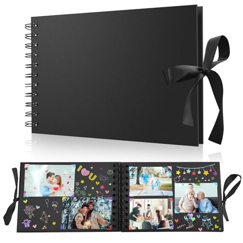 Album Fotos para Pegar y Escribir, Album de Fotos Scrapbook Espiral, 60 Negras Páginas DIY Scrapbooking para Boda Aniversario Bebé Cumpleanos Familiares Navidad