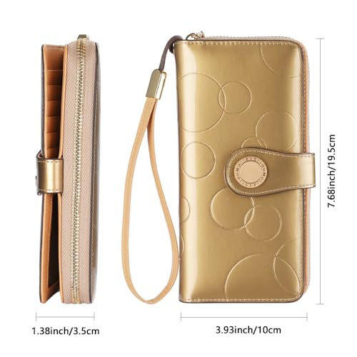Ladies' fashionable leather wallet, large capacity with multiple card slots, zipper and snap closure, RFID shielded credit card holder for protection, long wallet with wrist strap (Golden)3