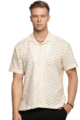 Image of SHOWOFFFF Men Solid Crochet Casual Shirt | Cuban Collar Half Sleeves Cotton Shirt for Mens | Relaxed Fit Regular Length Shirt for Men's
