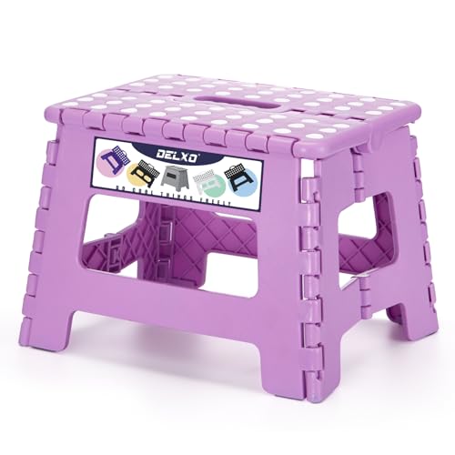 Image of Delxo 9 inch Folding Step Stool, Non-Slip Foldable Small Stools Up to 300 LBS, Kids Step Stool with Handle Lightweight for Kitchen, Bathroom, Bedroom, Garden, Light Purple, 1PC