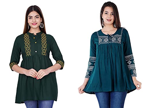 Image of Shiva Fab Short Kurti for Women | Embroidered Straight Rayon Kurta | Round Neck Full Sleeves Short Kurti for Women's
