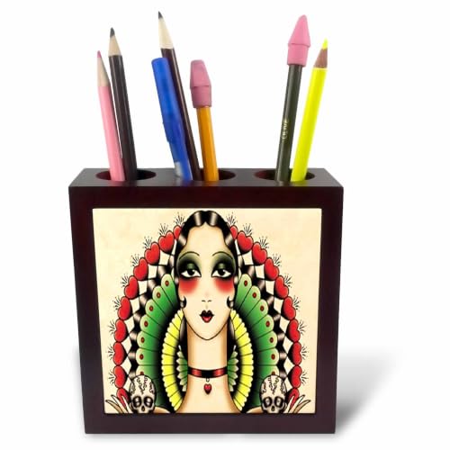 3dRose ph_62386_1 Mexican Art Deco Lady with Skulls-Tile Pen Holder, 5"