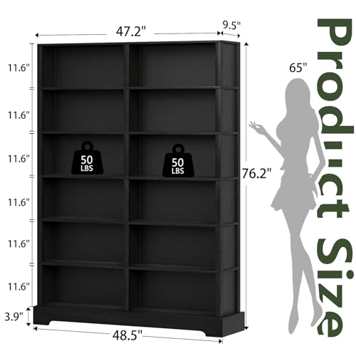Image of TVU 6-Tier Wood Book Shelf, 47 inch Wide Large Bookcase and Bookshelf, 76 inch Tall Bookcase with Storage, Freestanding Wood Display Book Shelves for Living Room, Home Office, Black