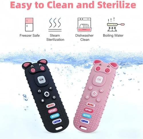 아기 치발기 장난감 2개, BPA 프리 식품 등급 실리콘 아기 리모컨 치발기 장난감, 3-18개월용, 아기 원격 치발기, 신생아 치발기 완화 TV 원격 돼지 모양 장난감 (피그 블랙 & 핑크) — 사진 5