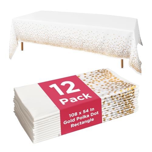 Prestee 12-Pack Disposable Tablecloth - Table Cover White and Gold Polka Dot Rectangular, 54x108 Inches - Waterproof, Stain-Resistant Party Table Covers for Weddings, BBQs, Birthdays, and Events