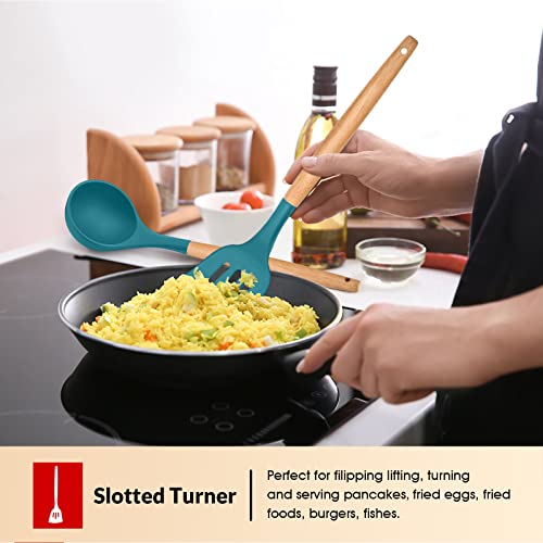 Kitchen Utensils Set of 6, E-far Silicone Cooking Utensils with Wooden Handle, Non-stick Cookware Friendly, Includes Spatula/Ladle/Slotted Turner/Serving Spoon/Spaghetti Server(Teal Blue) - Image 5