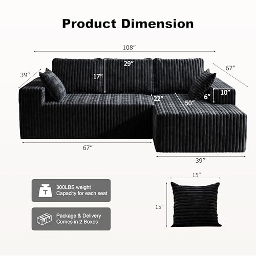 Image of Modular Sectional Sofa Couches L-Shape Couch 3 Seat Modular Sofa Memory Foam Sectional Couches for Living Room (Black, 108 inch+Right Chaise)