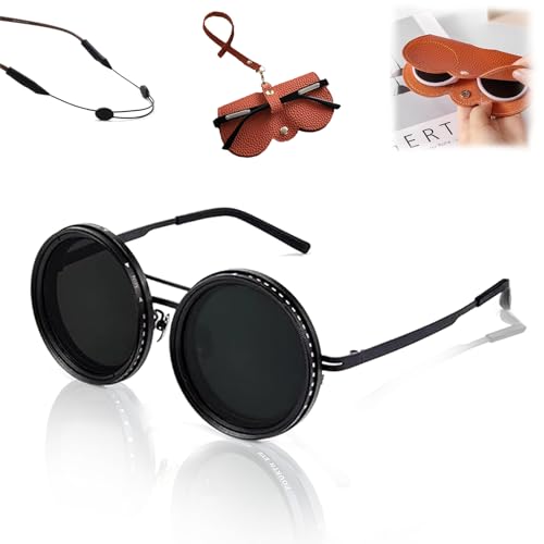 1-9 Adjustable Tint Round Polarized Sunglasses with Built-in Filter, Retro Style for Outdoor & Beach Use