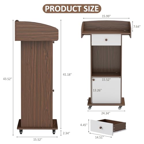 Baoz Podium Stand - Portable Pulpit with Lockable Wheels- Teacher Lectern for Churches with Adjustable Shelf Mobile Rolling Podium for Church, Classroom, Office, Reception (Brown White)