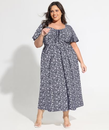 Image of CARCOS Plus Size Dresses for Curvy Women Tie Sweetheart Neck Summer Maxi Dress Short Sleeve Empire Waist Floral Boho Dress