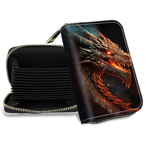 DHYYDSQZ Credit Card Holder with Zipper, Slim RFID Blocking Card Wallet for Women Men Fire Dragon Design PU Leather Small Accordion Card Case Wallet, ID Card Organizer, Pocket Business Card Case