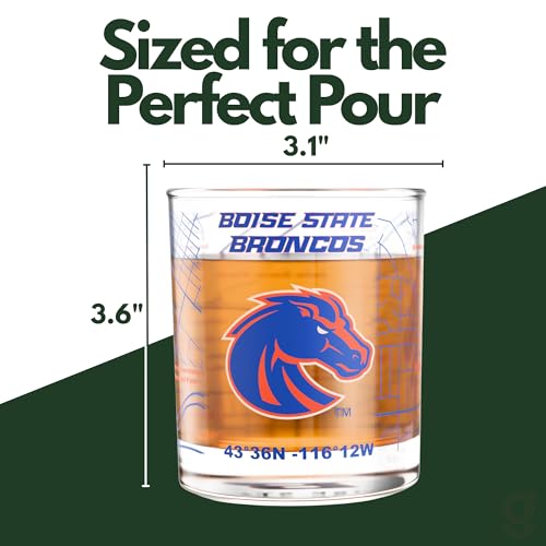 Image of Greenline Goods Boise State University Broncos Whiskey Glasses Set of 2, 10 oz Rocks Glasses with Full-Color Logo & Campus Map - Officially Licensed Bourbon Glass Gift for Alumni & Fans
