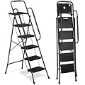 F2C 5-Step Folding Ladder with Tool Tray - Heavy Duty Carbon Steel, Space-Saving Design, Non-Slip PVC Feet & PP Platform, Ideal for Home/Office/Outdoor Use (Black, 5-Steps)