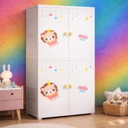 Image of Kids Plastic Collapsible Wardrobe Organizer for Storage with Drawers | Cute Cartoon Design | Heavy Duty Runner Rug Floor Mat Carpets Organizer Bedroom, Living Room (Hm-Lion, 4-Door)