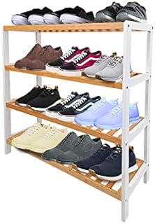 ACCURATE Bamboo Shoe Rack, Plant Rack, Perfect for Corridor, Living Room, Bathroom, Bedroom,Hallway or small spaces (Natural & White) (4 TIER)