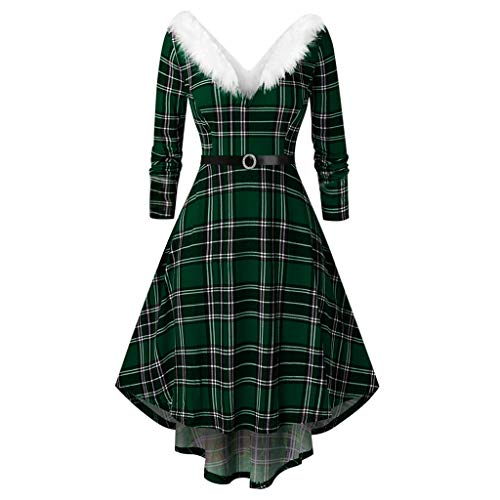 Plaid Dress,Kingwo 2020 New Women Patchwork Faux Fur Panel Midi Dress Long Sleeve Patchwork Knit Vintage Dress UK Size 8~22 (XXL, Green)