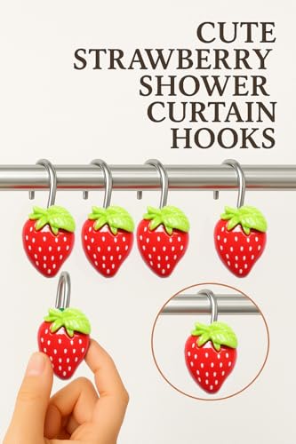 Image of 12-Piece Strawberry Shower Curtain Hooks, Decorative Resin Fruit Shower Curtain Rings, Suitable for Bathroom Decor, Compatible with Standard Shower Curtain Rods