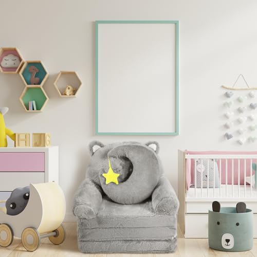 Burbell Foldable Toddler Couch 2 in 1 Gray Cat Kids Fold Out Couch with Moon Shape Pillow Recliner Chair Baby Sofa Bedroom Folding Bed Lounger for Girls and Boys