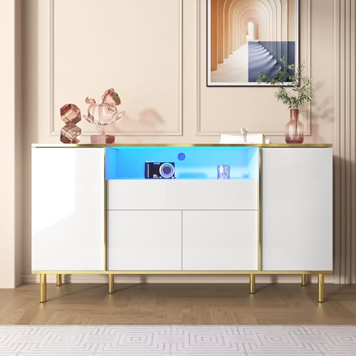 LZPOUOI Buffet Salle a Manger Buffet Cuisine Blanc laqué 150cm Meuble de Rangement avec lumière LED Enfilade Moderne 4 Portes aux Pieds dorés Buffet Bas...