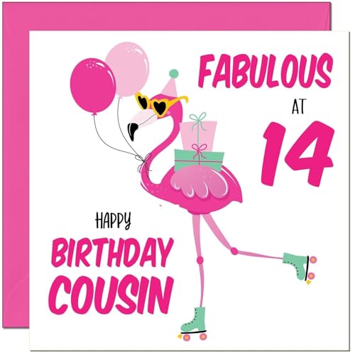 14th Cousin Birthday Card - Fabulous Flamingo - Ladies Womens Pink Cute Cousins Birthday Card for 14 Year old teenage Kids fourteen, fourteenth