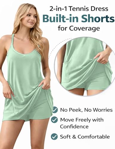 Image of Womens Athletic Sundress with Built-in Shorts Golf Tennis Romper | Sleeveless Mini Spaghetti Strap dress Functional side pockets tummy-friendly fit casual beach vacation
